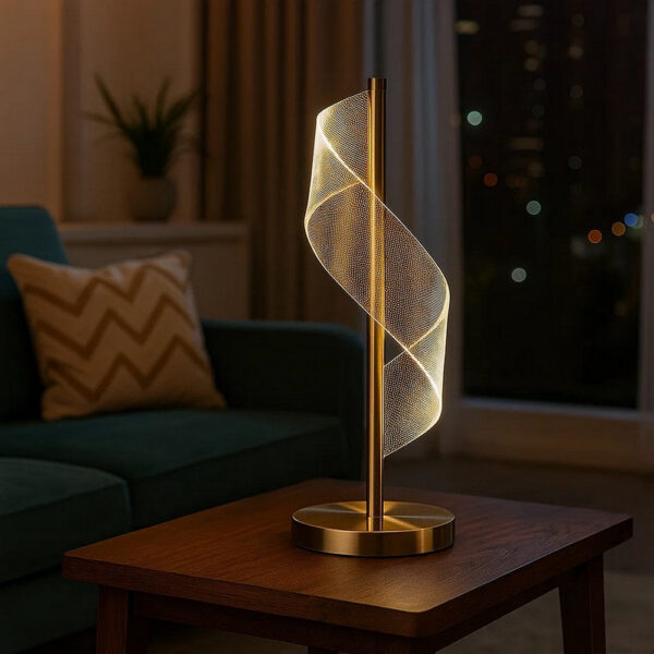 Melly 19 Inch Table Lamp, LED Swirl Ribbon Design, Acrylic, Antique Brass
