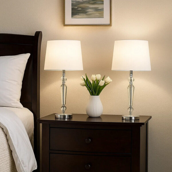 24 Inch Table Lamp Set of 2 with Glass Stands, Metal Base, Clear Finish