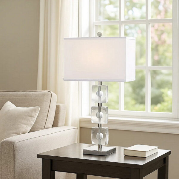 28 Inch Table Lamp, Crystal Stand, White Rectangular Shade, Metal, Clear
