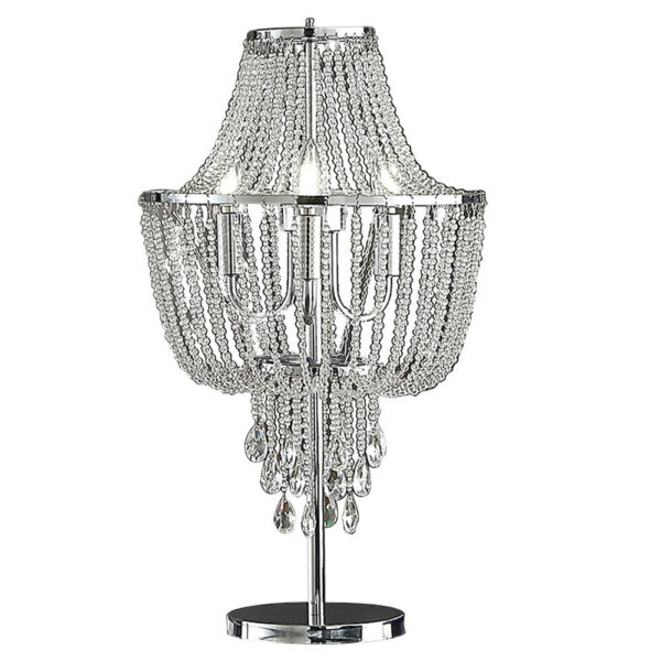 Cara 27 Inch Table Lamp, Hanging Drop Design, Crystal and Metal, Chrome