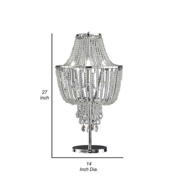 Cara 27 Inch Table Lamp, Hanging Drop Design, Crystal and Metal, Chrome