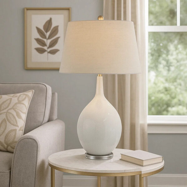 32 Inch Table Lamp, Empire Shade, Ceramic Stand, Crackle White Finish
