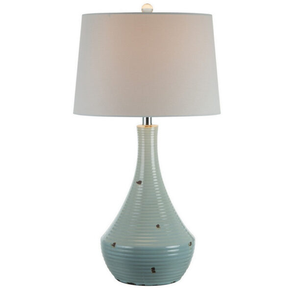 28 Inch Table Lamp with Clean Lines, Empire Shade, Ceramic, Teal Blue