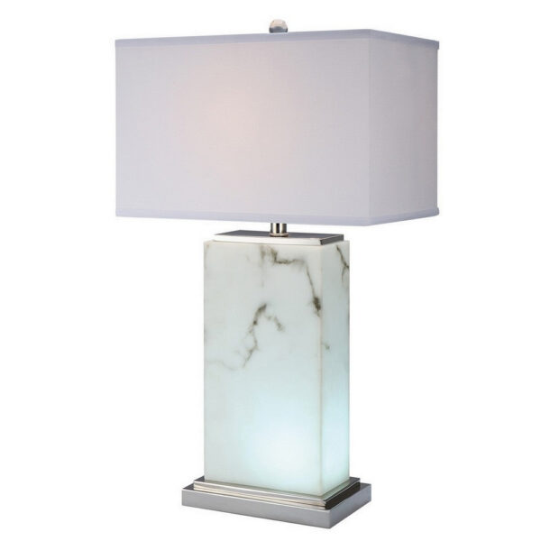 29 Inch Table Lamp, White Marble Stand, Rectangular Shade, Metal Base