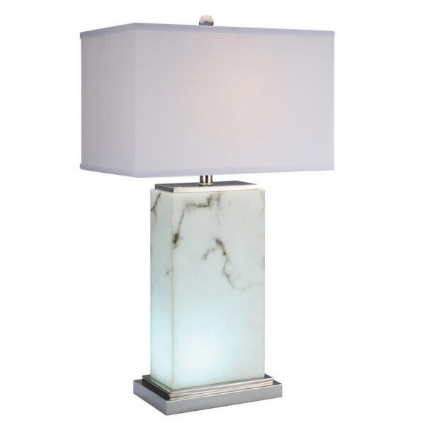 29 Inch Table Lamp, White Marble Stand, Rectangular Shade, Metal Base