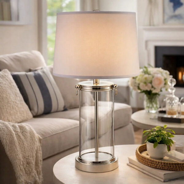 Axie 28 Inch Table Lamp, Glass Stand, Empire Shade, Metal, Nickel Finish