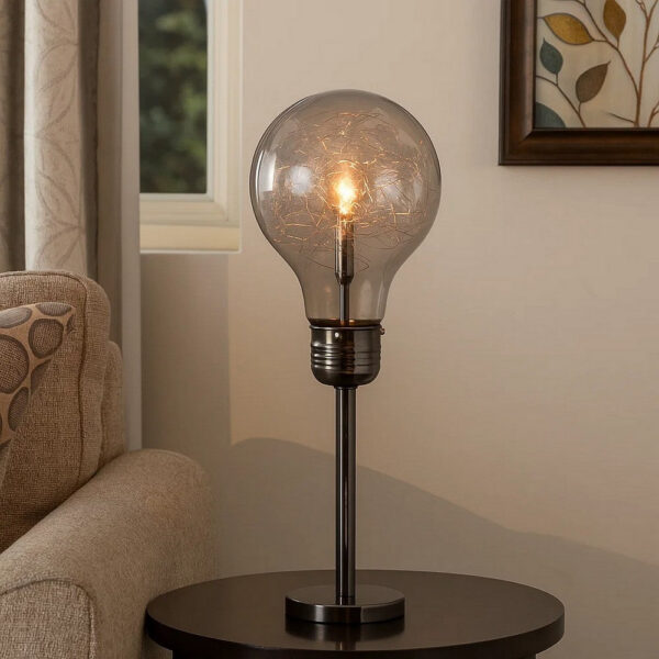 Febe 26 Inch Table Lamp, Large Bulb Shade, Glass, Metal, Black Nickel