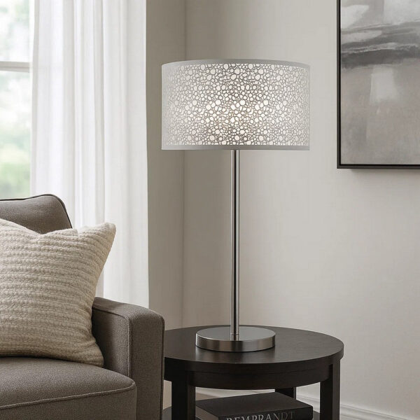 27 Inch Table Lamp with Metal and Fabric Shade, Sleek Chrome Finish