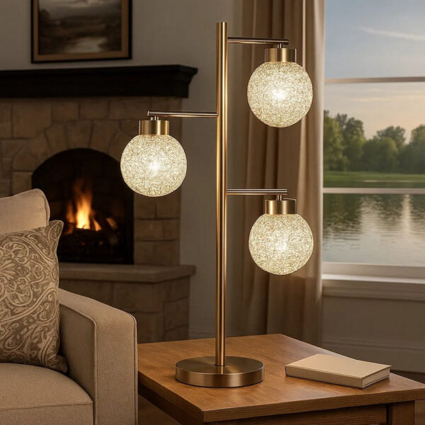 Fern 31 Inch Table Lamp with 3 Orb Shades, Metal, Sand Chrome Finish