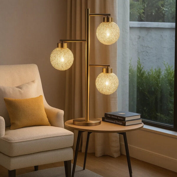 Fern 31 Inch Table Lamp with 3 Orb Shades, Metal, Sand Chrome Finish