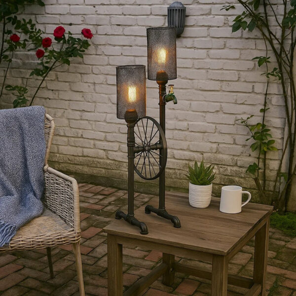 34 Inch Table Lamp, Drum Mesh Shade, Metal Base, Rustic Bronze Finish