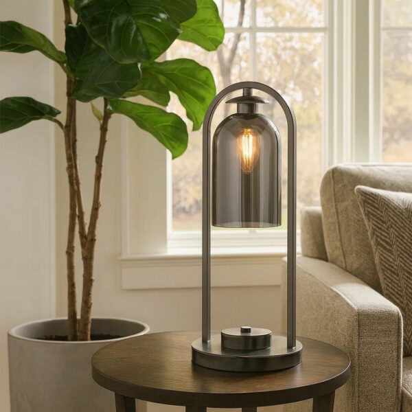 21 Inch Table Lamp, Cylinder Glass Shade, Round Base, Rustic Nickel Gray