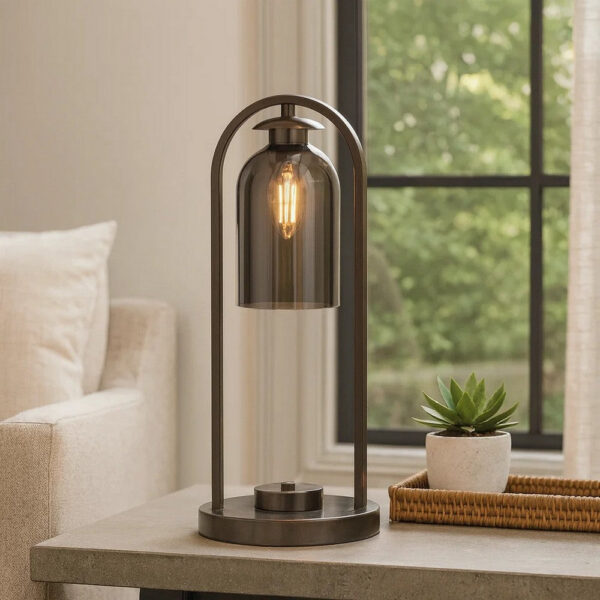 21 Inch Table Lamp, Cylinder Glass Shade, Round Base, Rustic Nickel Gray