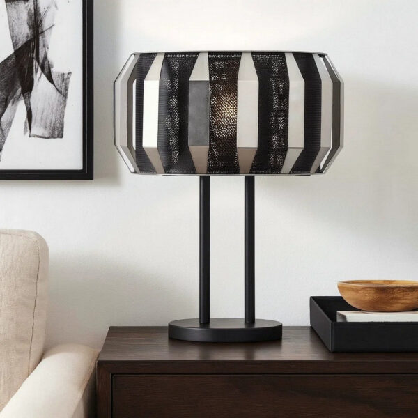 Pin 21 Inch Table Lamp, Wide Drum Metal Shade, Accent Round Base, Black