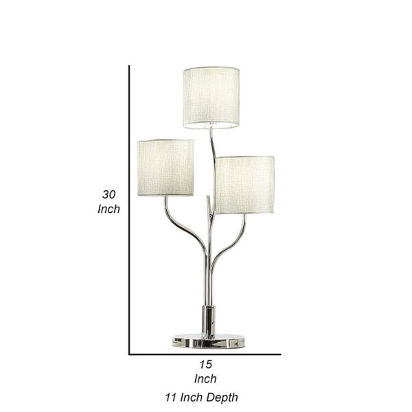 Indi 30 Inch Table Lamp, 3 Drum Fabric Shade, Round Metal Base, Silver