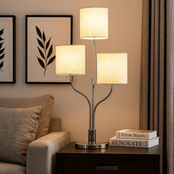 Indi 30 Inch Table Lamp, 3 Drum Fabric Shade, Round Metal Base, Silver