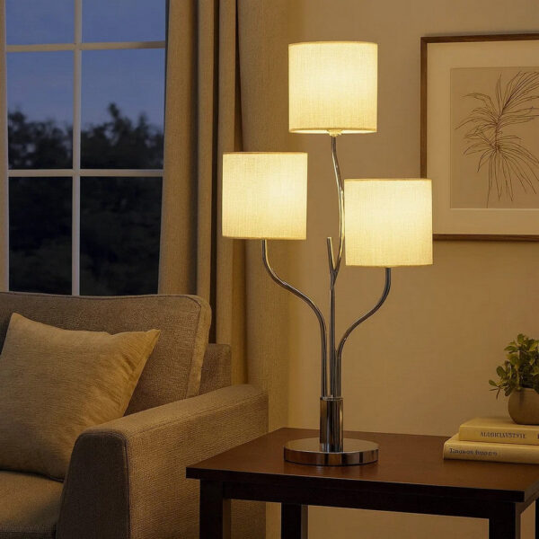 Indi 30 Inch Table Lamp, 3 Drum Fabric Shade, Round Metal Base, Silver