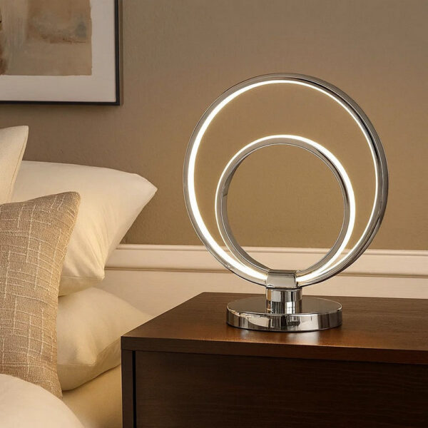 14 Inch Table Lamp, Modern Ring LED Light, Round Metal Base, Silver