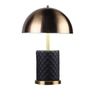 Aria 21 Inch Table Lamp, Dome Shade, Round Base, Black Faux Leather, Brass