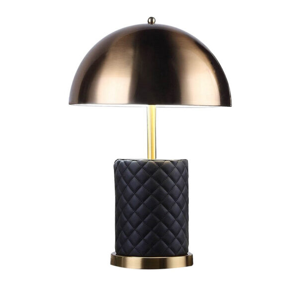 Aria 21 Inch Table Lamp, Dome Shade, Round Base, Black Faux Leather, Brass