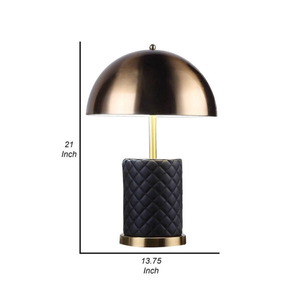 Aria 21 Inch Table Lamp, Dome Shade, Round Base, Black Faux Leather, Brass