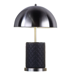 Aria 21 Inch Table Lamp, Round, Dome Shade, Dark Silver, Black Faux Leather
