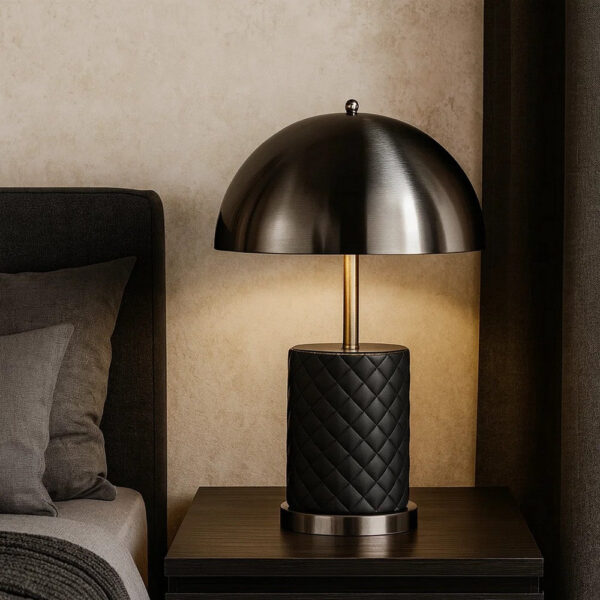 Aria 21 Inch Table Lamp, Round, Dome Shade, Dark Silver, Black Faux Leather