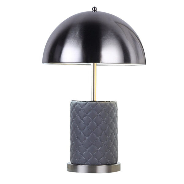 Aria 21 Inch Table Lamp, Dome Shade, Round, Gray Faux Leather, Dark Silver