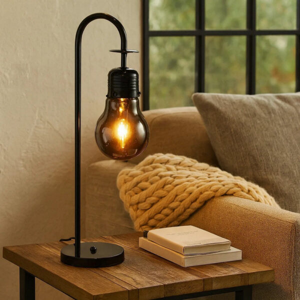 30 Inch Arc Table Lamp, Glass Bulb Shaped Shade, Metal, Black Nickel