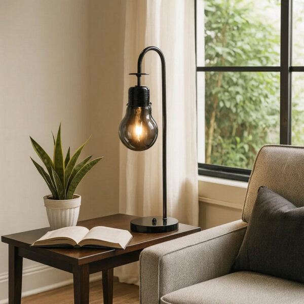30 Inch Arc Table Lamp, Glass Bulb Shaped Shade, Metal, Black Nickel
