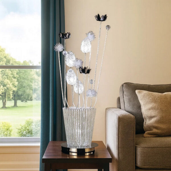 26 Inch Accent Table Lamp, Flower Vase Design, Metal, Chrome Finish