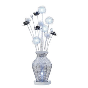 32 Inch Accent Table Lamp, Metal Flowers with Vase Design, Chrome Finish