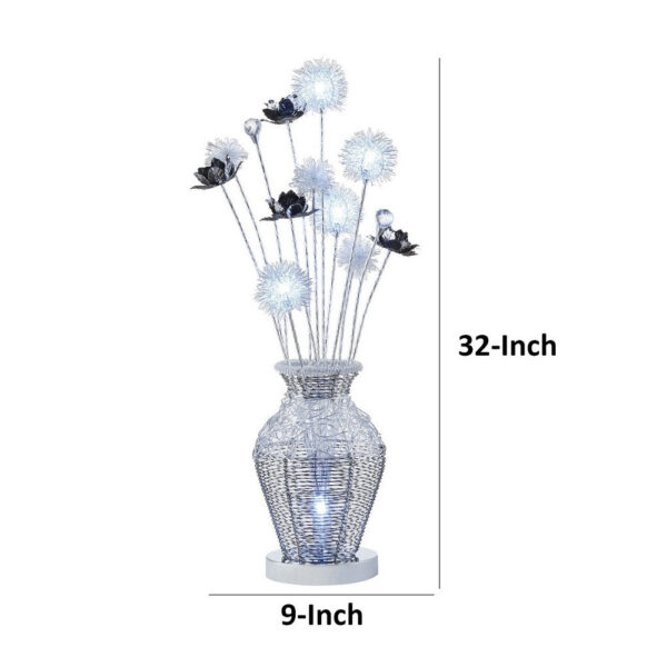 32 Inch Accent Table Lamp, Metal Flowers with Vase Design, Chrome Finish