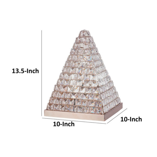 14 Inch Table Lamp, Crystal Pyramid Shaped Frame, Stone Studded, Silver