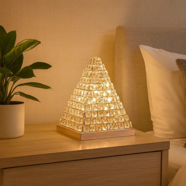 14 Inch Table Lamp, Crystal Pyramid Shaped Frame, Stone Studded, Silver