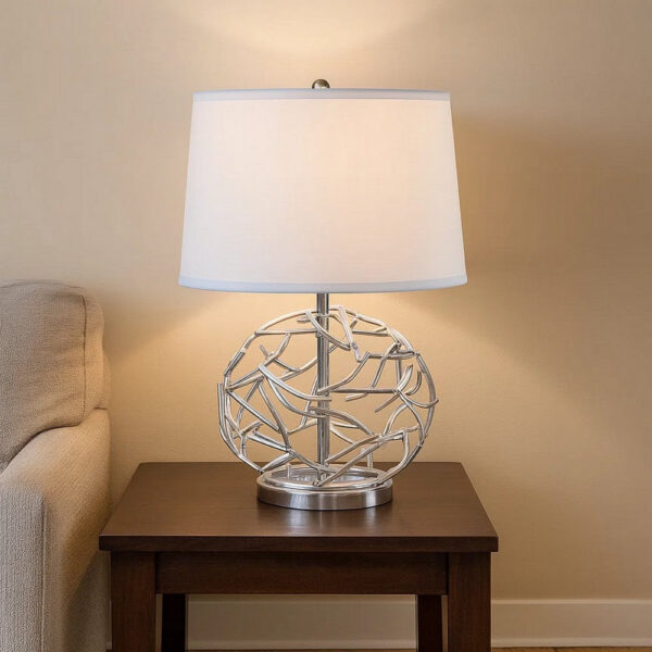 24 Inch Table Lamp, Silver Hollow Geometric Globe Base, Empire Shade