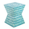14 Inch Capiz Accent Table Stool, Blue Mosaic Geometric Hourglass Shape