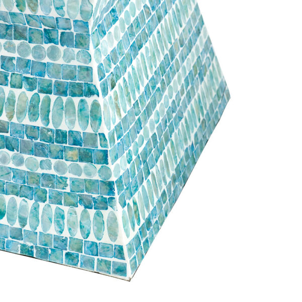 14 Inch Capiz Accent Table Stool, Blue Mosaic Geometric Hourglass Shape