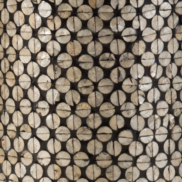 20 Inch Stool Table, Round Wood Design, Modern, Capiz Inlay, Black, White