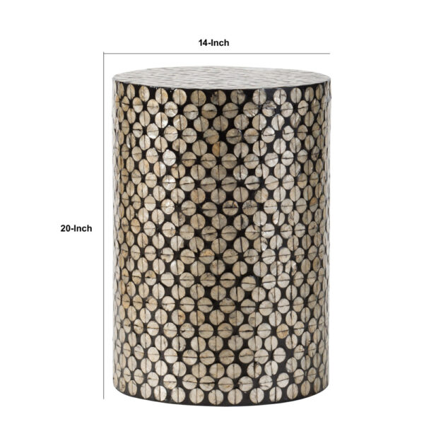 20 Inch Stool Table, Round Wood Design, Modern, Capiz Inlay, Black, White