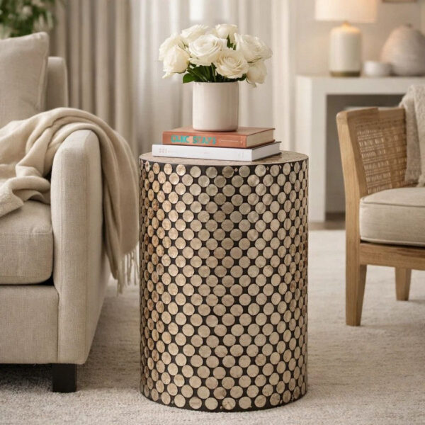 20 Inch Stool Table, Round Wood Design, Modern, Capiz Inlay, Black, White