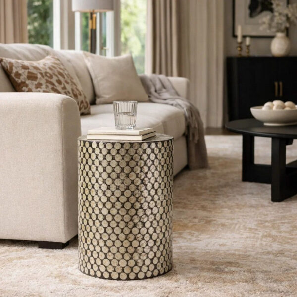 20 Inch Stool Table, Round Wood Design, Modern, Capiz Inlay, Black, White