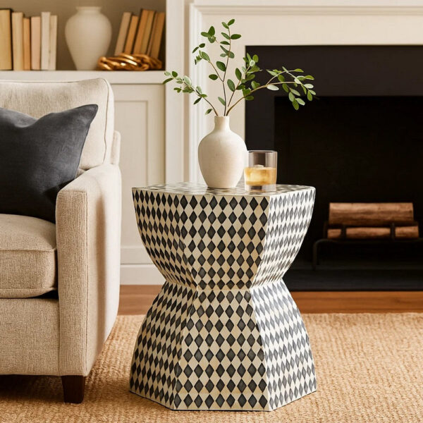 17 Inch Modern Hexagonal Table Stool, Capiz Inlaid Platform, White, Black