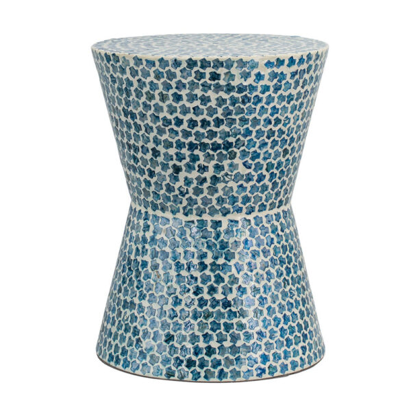 Ivy 20 Inch Luxury Accent Table Stool, Mosaic Tile Pattern, White, Blue