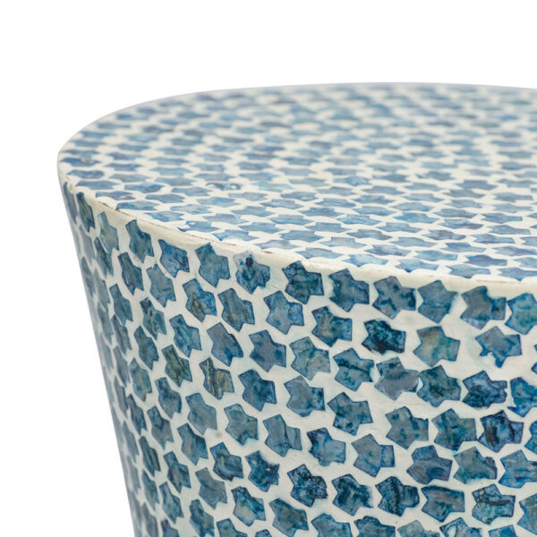 Ivy 20 Inch Luxury Accent Table Stool, Mosaic Tile Pattern, White, Blue