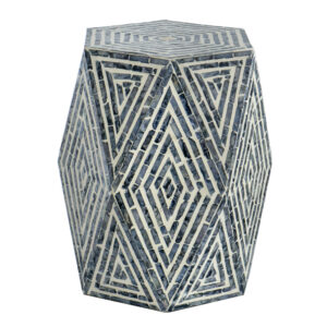 18 Inch Accent Table Stool, Hexagonal Design, Diamond Pattern, Blue, White