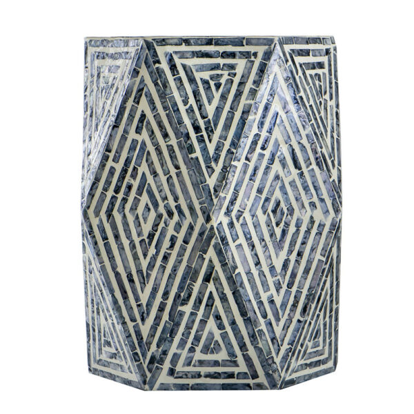 18 Inch Accent Table Stool, Hexagonal Design, Diamond Pattern, Blue, White