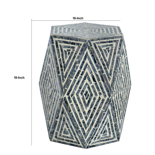 18 Inch Accent Table Stool, Hexagonal Design, Diamond Pattern, Blue, White