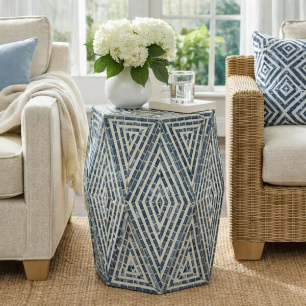 18 Inch Accent Table Stool, Hexagonal Design, Diamond Pattern, Blue, White