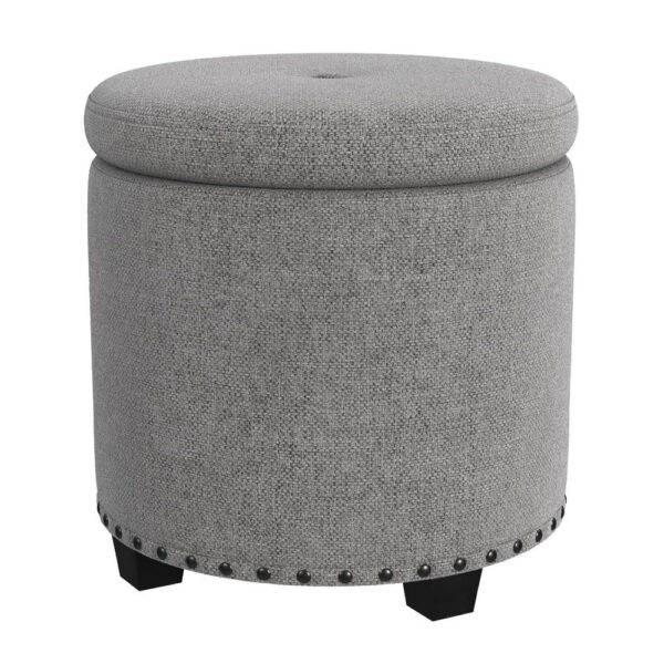 Zoya Storage Ottoman, 19 Inch Round Lift Top, Light Gray Woven Fabric